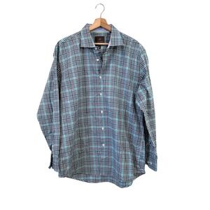 Tattersall London Mens XL Blue Teal Plaid Check Cufflink Ready Button Down Shirt